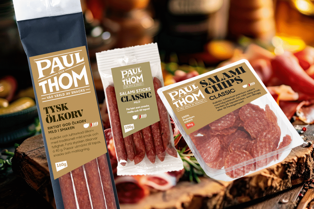 Lufttorkade snackartiklar såsom ölkorv, salamisticks och salamichips från varumärket PAUL och THOM.